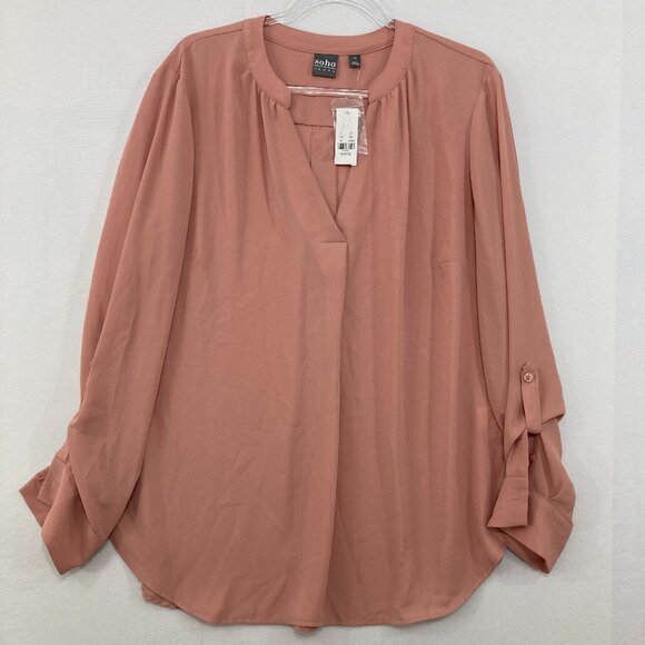 Soho Tops - New Soho size XL Peach Cream Split Neck Rolled Sleeve Relaxed Flowy Blouse